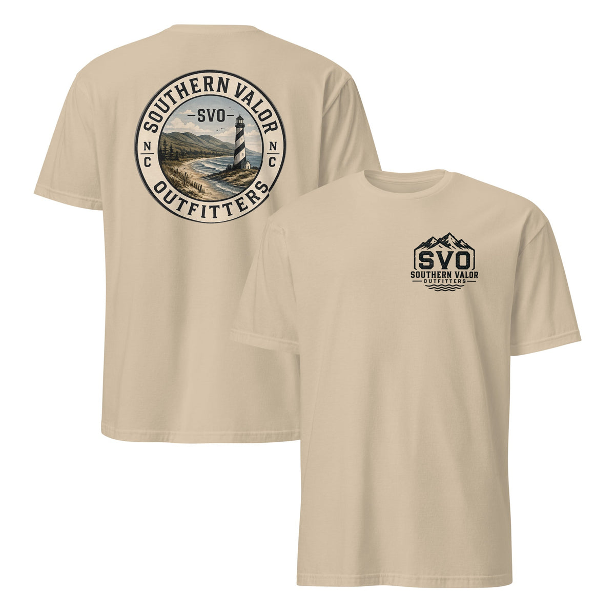 Southern Valor Outfitters circular shirt depicting North Carolina mountains and Cape Hatteras lighthouse